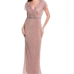 Mac Duggal Pink Beaded Wrap V-Neck Cap Sleeve Dress